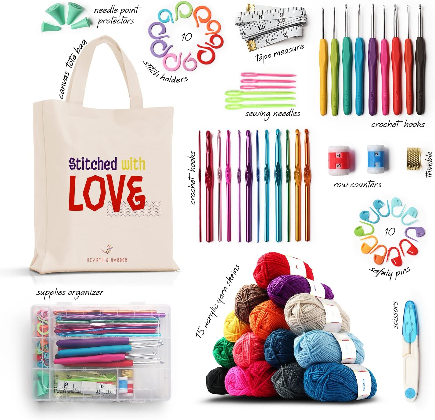 Hearth & Harbor Crochet Kit for Beginners Adults, Crochet Kits for Beginner, Learn to Crochet Set, Crocheting Kit, 1500 Yards Crochet Yarn, Crochet Hook Set, Crochet Accessories and Supplies