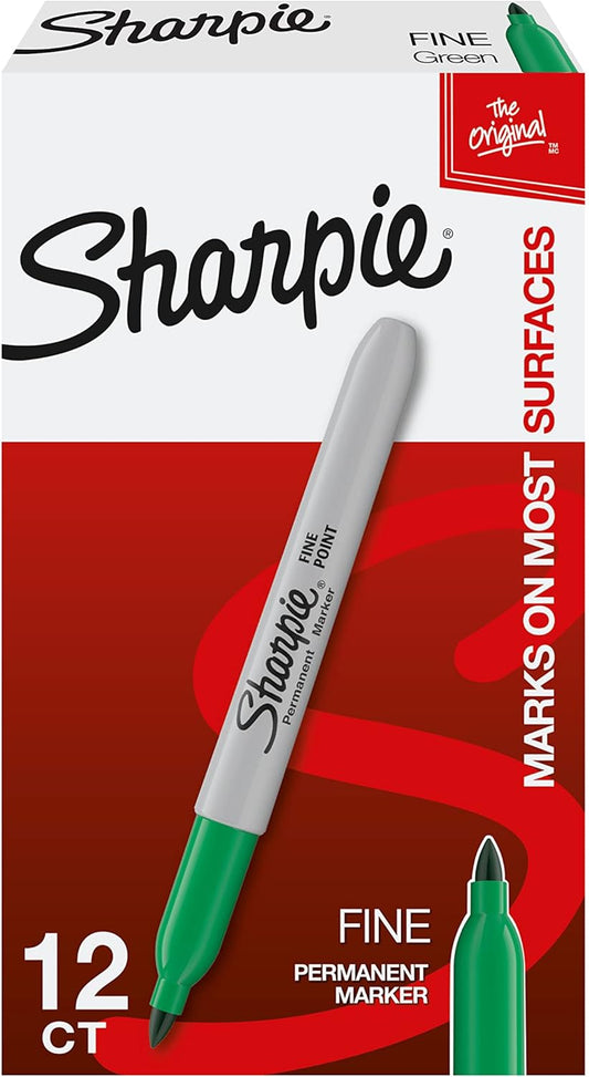 Sharpie Permanent Markers, Fine Point, Green, 12 Count