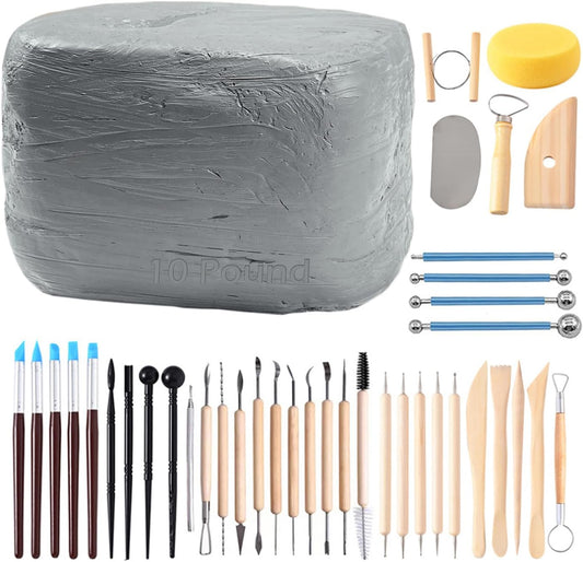 ReArt Natural Air-Dry Modeling Clay - 10LBs with 40 Pcs Pottery Sculpting Tool Set, All-Purpose Clay (Gray)