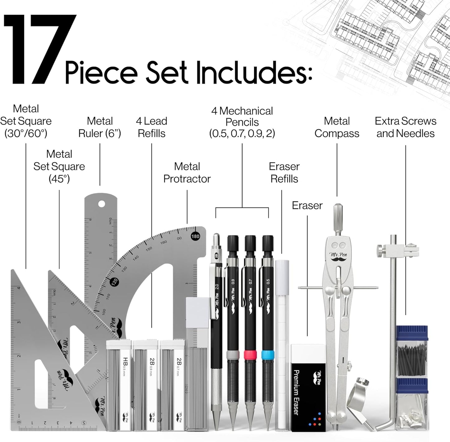 Mr. Pen- Professional Geometry Set, 17 pcs, Silver Geometry Kit for Artists, Metal Rulers and Compasses, Mechanical Pencil Set, Drafting Tools & Drafting kits
