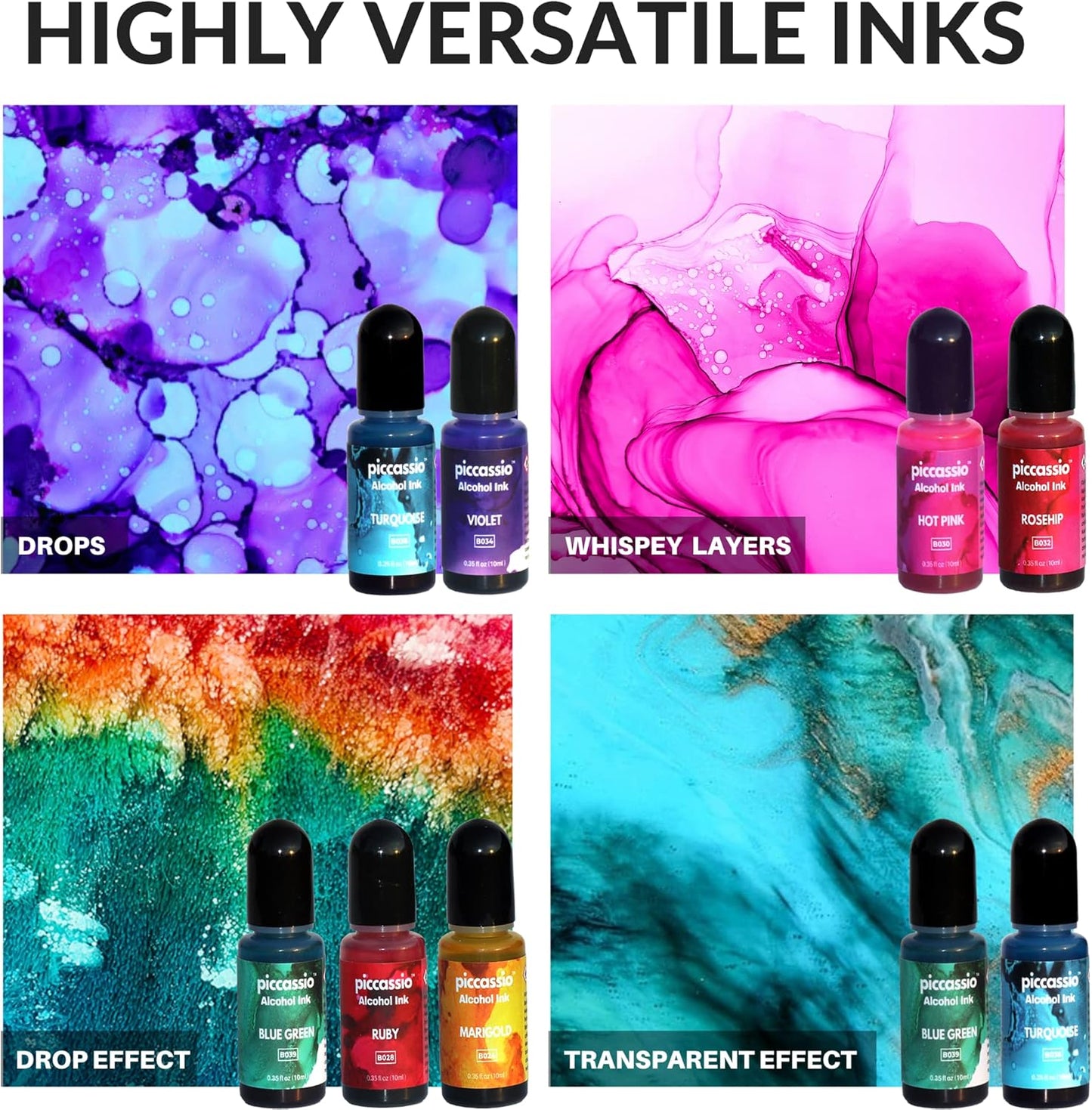 Alcohol Ink Set - New Improved Formula - 24 Highly Saturated, Fast-Drying, Permanent Inks for Epoxy Resin, Tumblers, Fluid Art Painting, Glass, Metal, and More