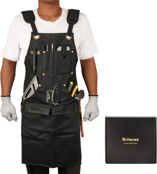 BRITEREE Woodworking Apron for Men, Gifts for Men Dad Father, with 9 Tool Pockets, Durable Waxed Canvas Work Apron for Woodworkers Carpenters Blacksmiths (Black-Waxed Canvas Apron)