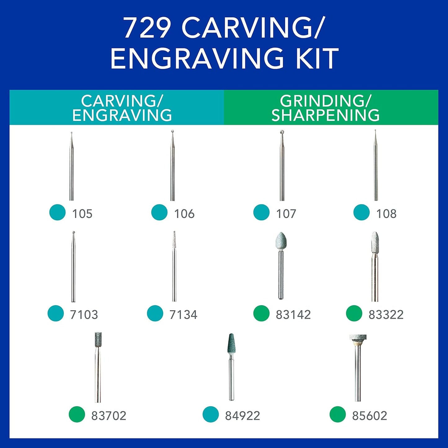 Dremel 729-01 11-Piece Carving & Engraving Rotary Tool Accessories Kit - Includes Engraving Bits & Grinding Stones- Ideal for Wood, Metal, and Glass