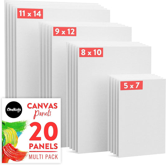 Chalkola Canvas for Painting - (20 Bulk Pack, 5x7, 8x10, 9x12, 11x14 inch) | 100% Cotton Panels, Primed Blank Canvases for Painting for Kids & Adults - Paint Canvas Boards for Acrylic, Oil, Watercolor
