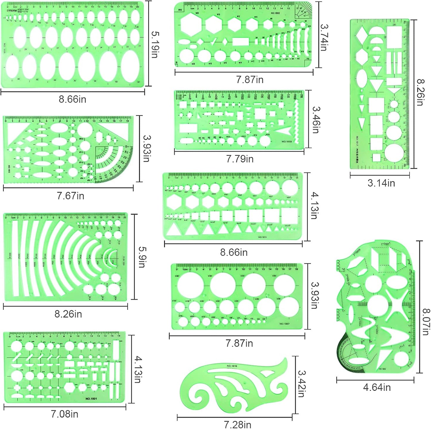 11PCS Geometric Drawings Templates, Drafting Stencils Measuring Tools, BetyBedy Plastic Clear Green Ruler Shapes with a Zipper Bags for Architecture, Office, Studying, Designing and Building