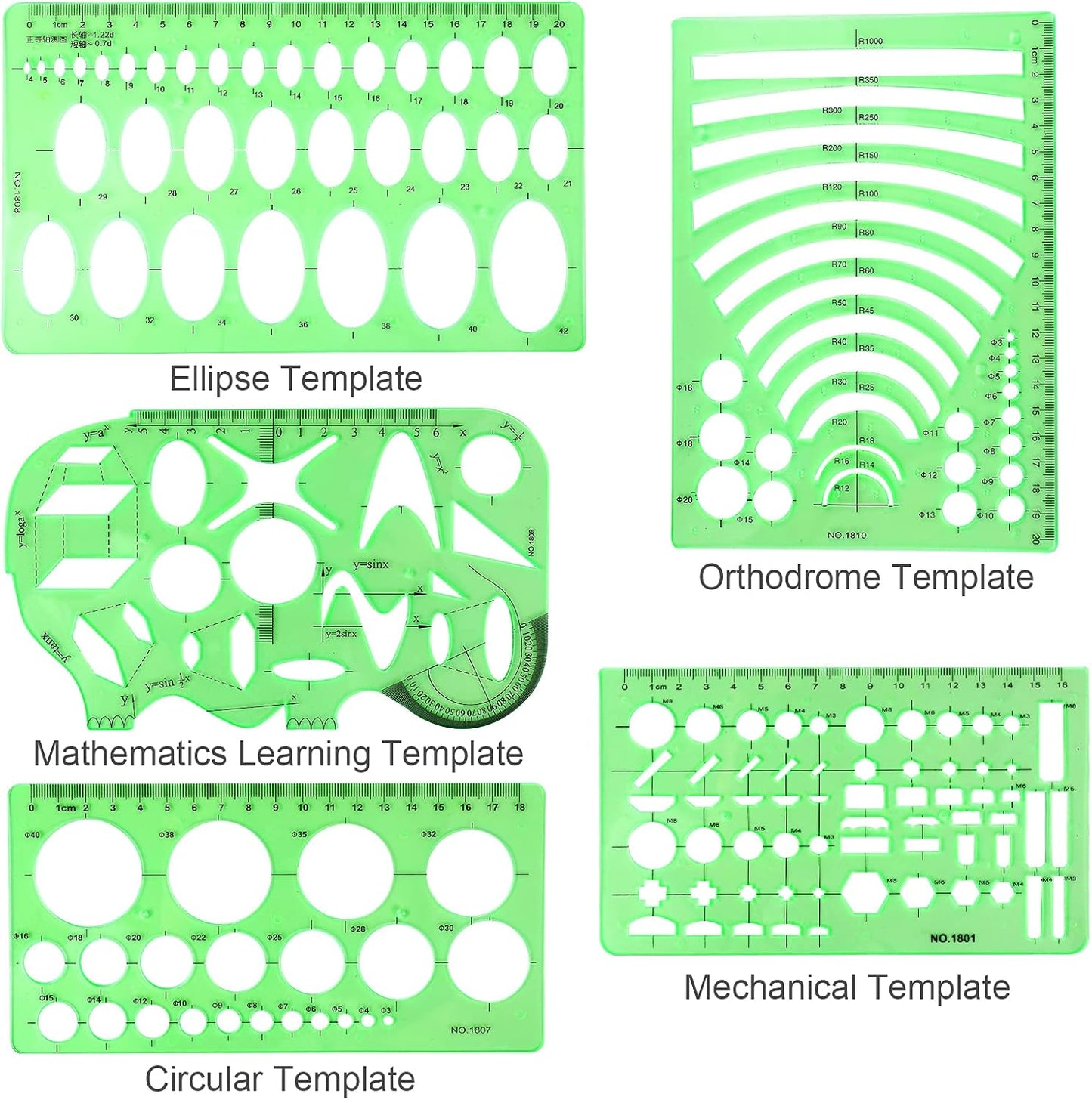 11PCS Geometric Drawings Templates, Drafting Stencils Measuring Tools, BetyBedy Plastic Clear Green Ruler Shapes with a Zipper Bags for Architecture, Office, Studying, Designing and Building