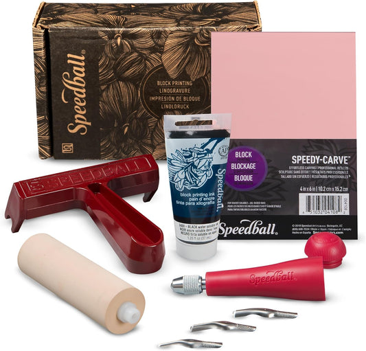 Speedball 3471 Super Value Block Printing Starter Kit – Includes Ink, Brayer, Lino Handle and Cutters, Speedy-Carve Block
