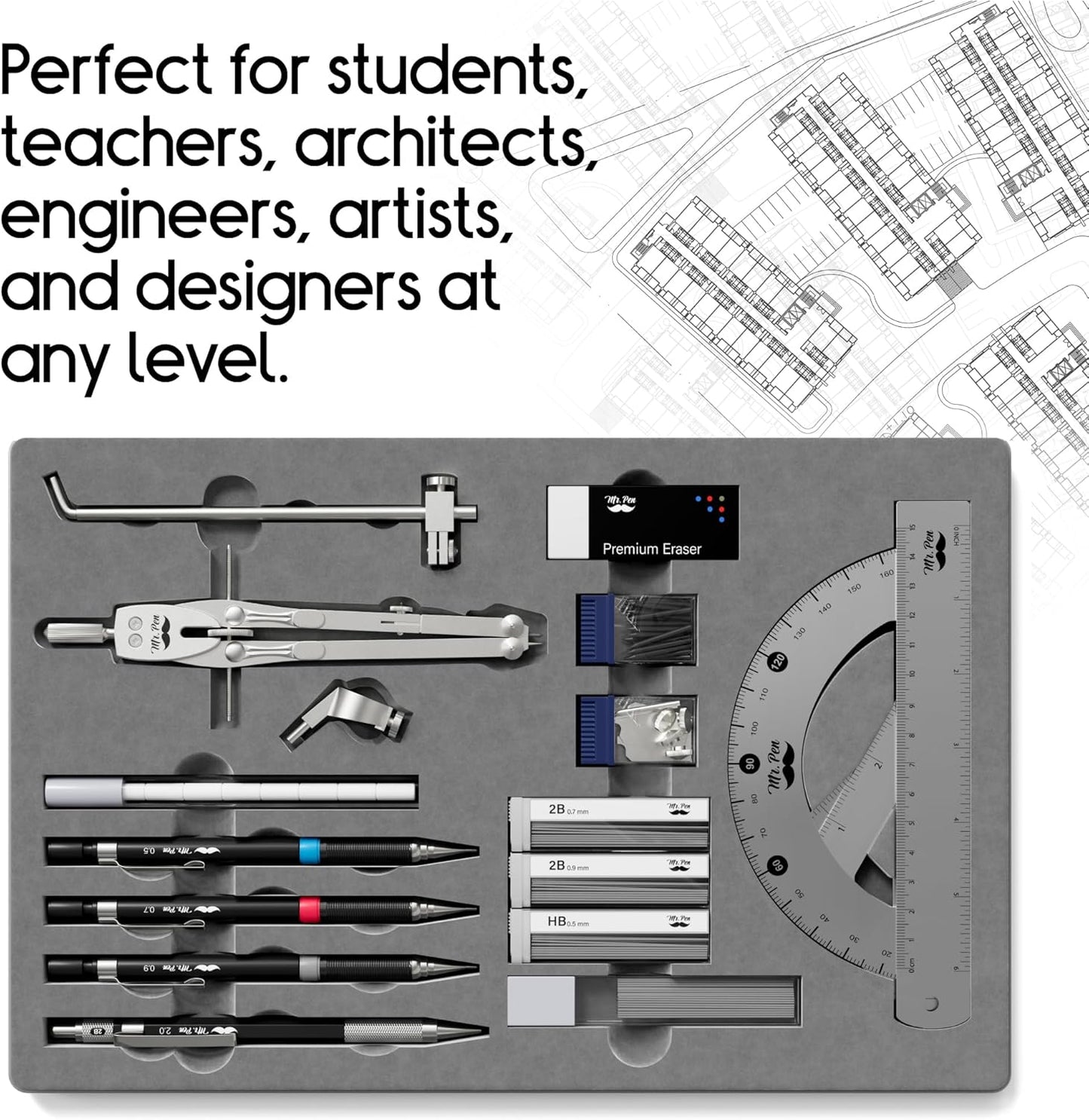Mr. Pen- Professional Geometry Set, 17 pcs, Silver Geometry Kit for Artists, Metal Rulers and Compasses, Mechanical Pencil Set, Drafting Tools & Drafting kits