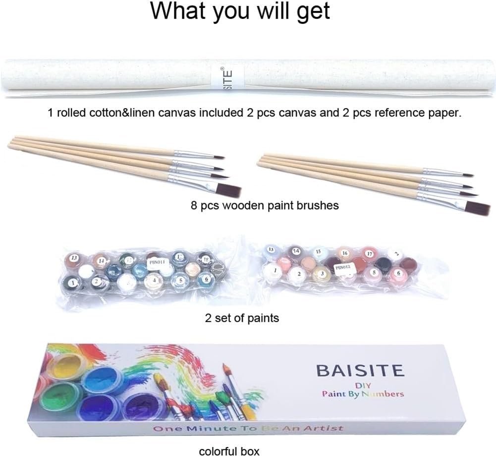 BAISITE Paint by Numbers Kit for Adults Beginners,12" Wx16 L 2 Pack Canvas for Painting Kits for Adults in Colorful Box-Sunset Lake Mountains