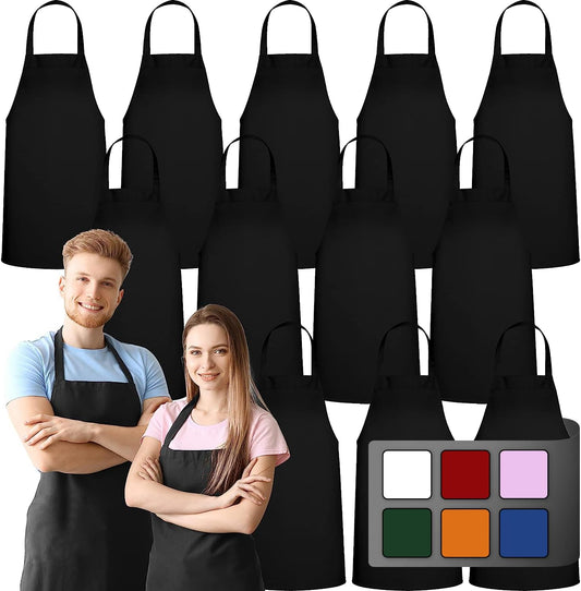 GREEN LIFESTYLE 12 Pack Bib Apron - Unisex Black Aprons, Machine Washable Aprons for Men and Women, Kitchen Cooking BBQ Aprons Bulk (Pack of 12, No Pockets, Black)