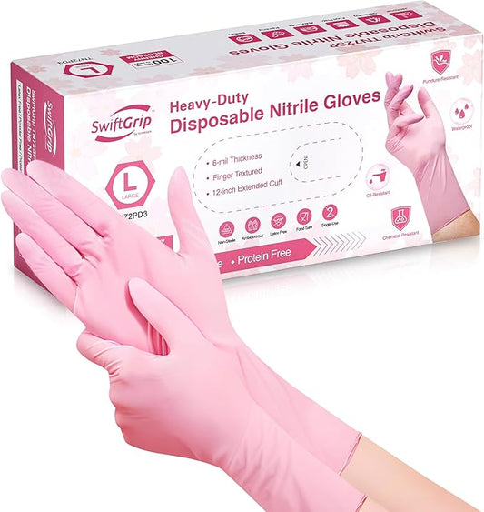 Disposable Nitrile Dishwashing Gloves, Extended 12 Inches Cuff, 6-mil, Cherry Blossom Cleaning Gloves, Latex-Free