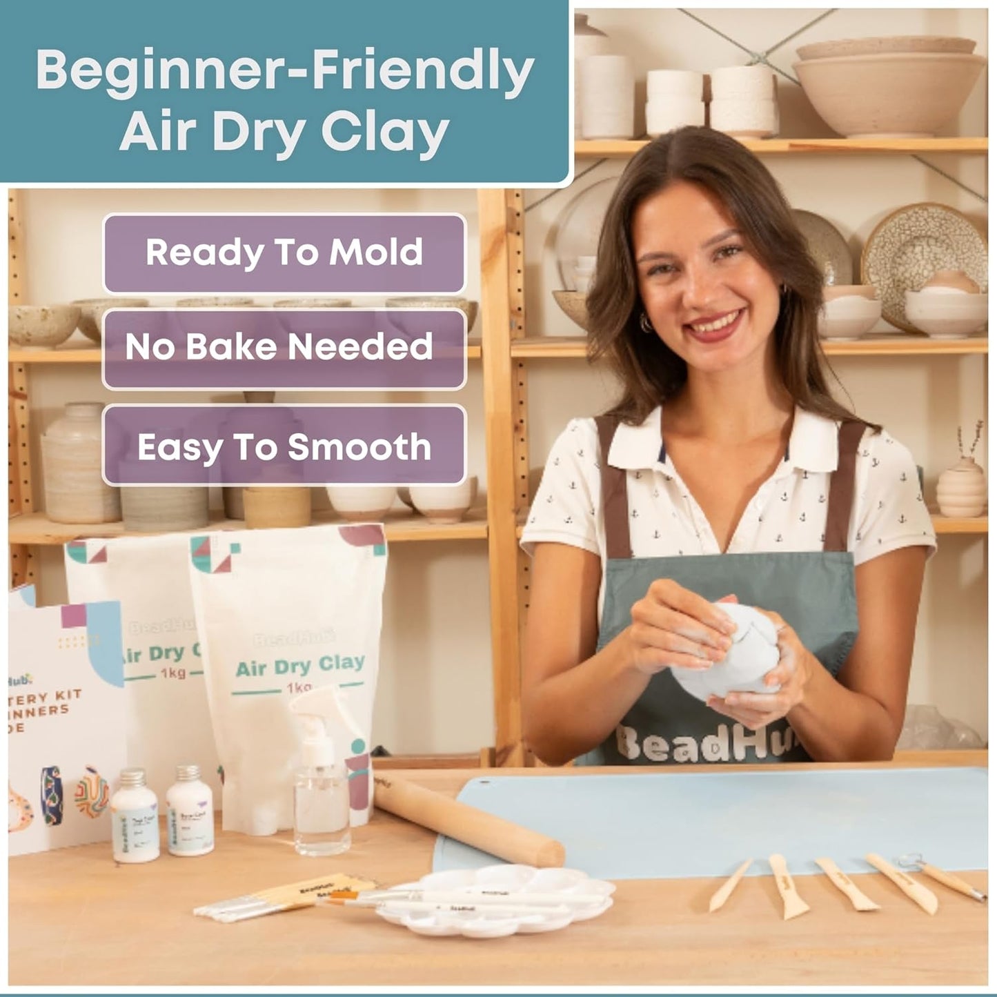 Pottery Kit for Beginners, 4.4Lbs Air Dry Clay for Adults with Sculpting Tools, Paint, Glaze, Air-Dry Modeling Clay Molding, Sculpt & Painting Set, Hobby Date Night DIY Art Craft Kits (White)