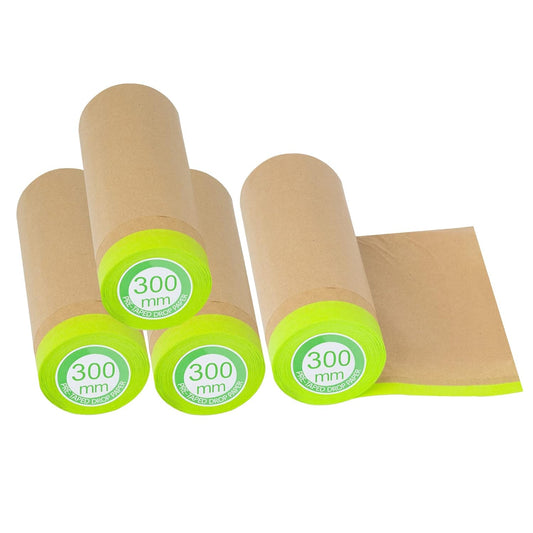 Pre-Taped Masking Paper for Painting - 12 inch x 50 feet Tape and Drape Painters Paper, Paint Adhesive Protective Paper Roll for Covering Skirting, Frames, Cars and Auto Body (4 Rolls)