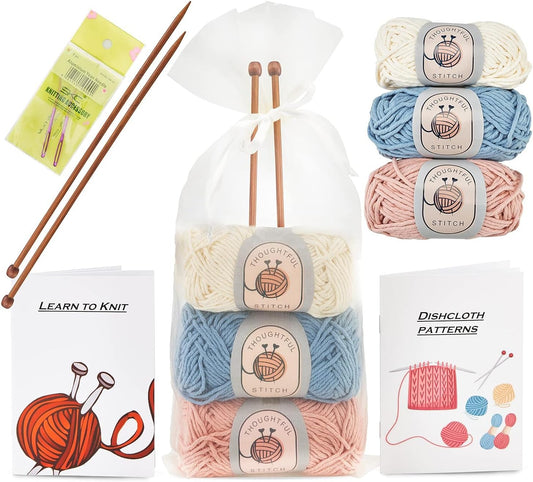 Thoughtful Stitch Knitting Kit for Beginners Adults & Kid Friendly- Complete Knitting Kit - Learn to Knit Yarn Set with Tutorial Book for Adult Hobbies - 100% Cotton Wool & Bamboo Knitting Needle