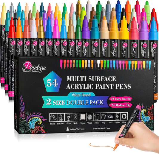 54 Colors Acrylic Paint Markers – 0.7mm Fine & 3mm Medium Tips for DIY Crafts, Rock Painting, Wood, Canvas, Glass, Fabric, Ceramic, Plastic & More