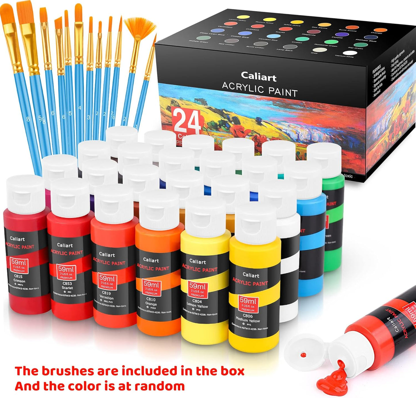 Caliart 24 Colors Acrylic Paint Set with 12 Brushes, Easter Basket Stuffers for Teens, Art Craft Paints Gifts Trendy Stuff for Artists Kids Teen, Canvas Ceramic Rock Eggs Painting Kit Art Supplies