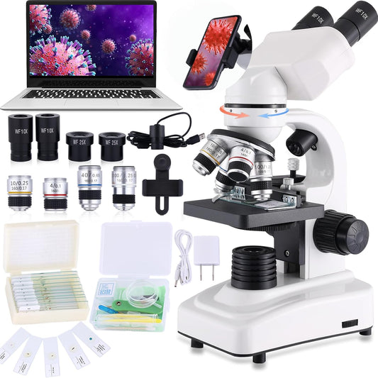 Compound Microscope，40X-2500X Research Class Professional Microscope，WF10x and WF25x eyepieces, Dual LED Lighting and Two-Layer Mechanical Stage，Microscope for Adults