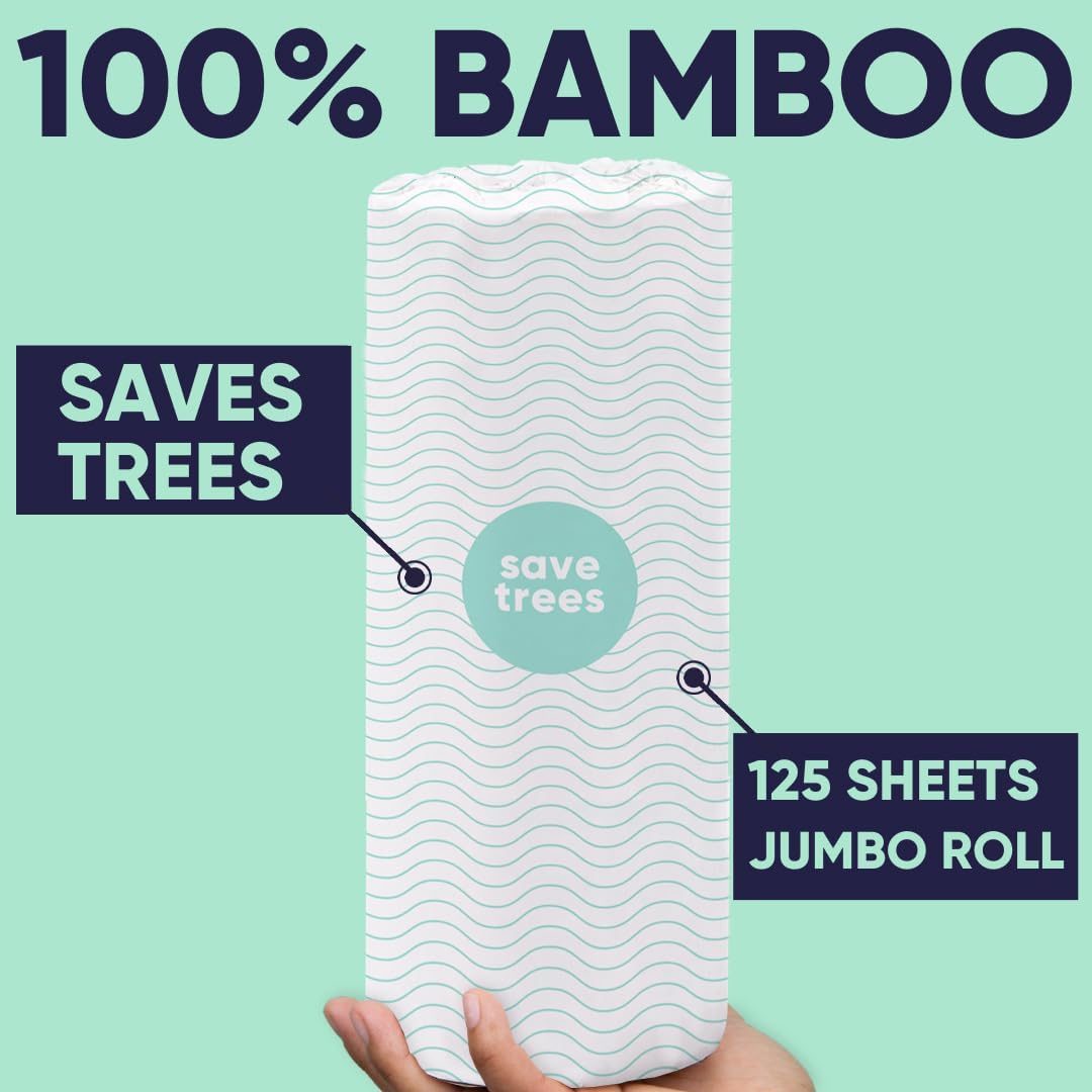 SAVE TREES Bamboo Paper Towels 12pk - 1800 Sheets Bleached Paper Towel Rolls Ultra Absorbent & Durable EcoTowels - FSC-Certified, Chlorine-Free Bamboo Kitchen Rolls