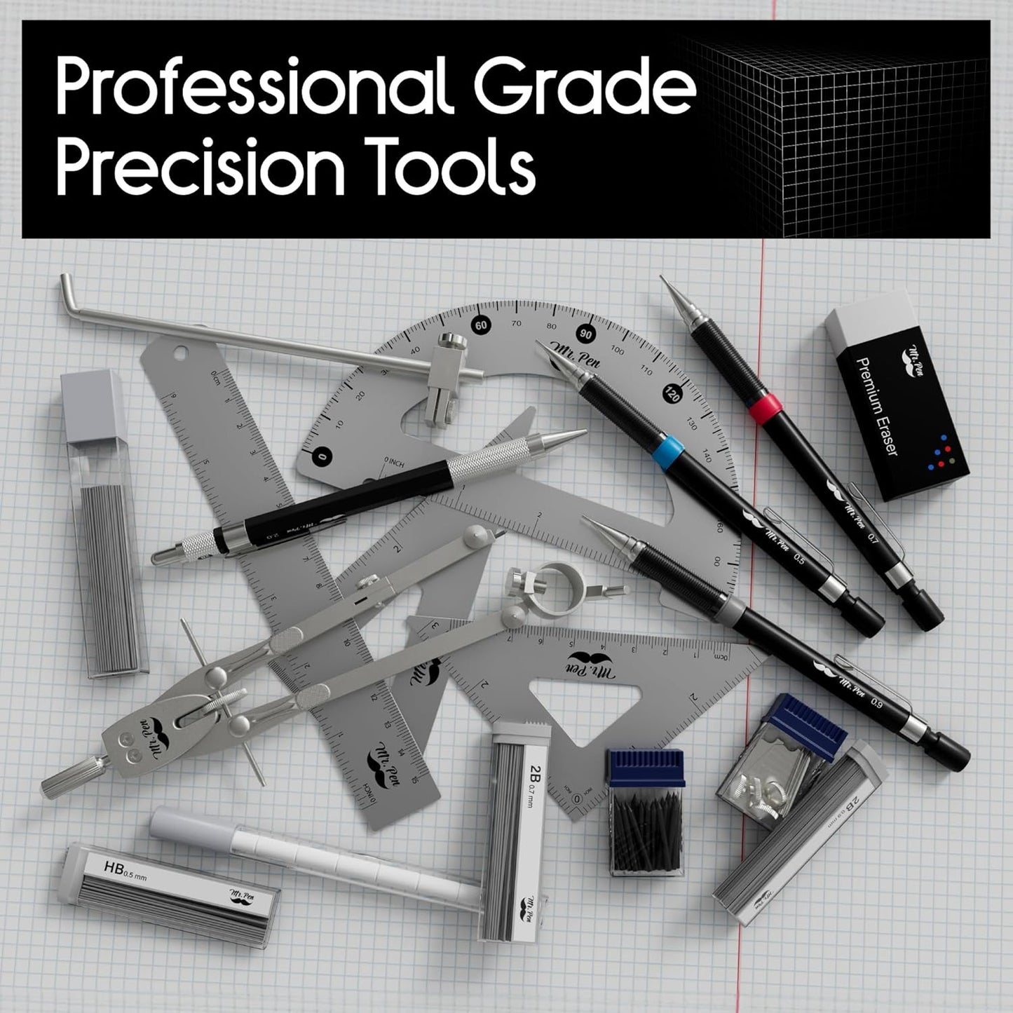 Mr. Pen- Professional Geometry Set, 17 pcs, Silver Geometry Kit for Artists, Metal Rulers and Compasses, Mechanical Pencil Set, Drafting Tools & Drafting kits