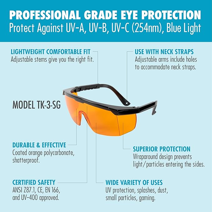Professional UV Light Safety Glasses - Polycarbonate Shatterproof UVC Protection Goggles for Blocking UV Light