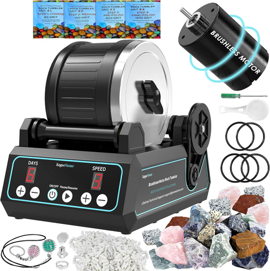 K1 Pro Professional Cutting-Edge Brushless Motor Advanced Rock Tumbler Polisher Kit, Extra Large 2.5Lb Barrel with 3-Speed Motor 9-Day Timer, 6 Belts, Rough Gemstones, 4 Polishing Grits etc. Visit the KomeStone Store