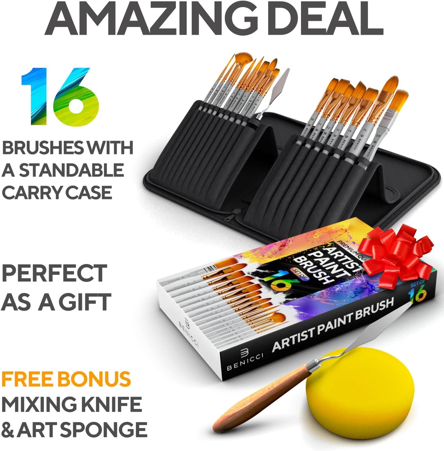 18 Pieces Premium Artist Paint Brush Set - Includes Palette Knife, Sponge, Organizing Case - 16 Painting Brushes for Kids, Adults & Professionals - Perfect for Watercolor, Oil, Acrylic Painting Art