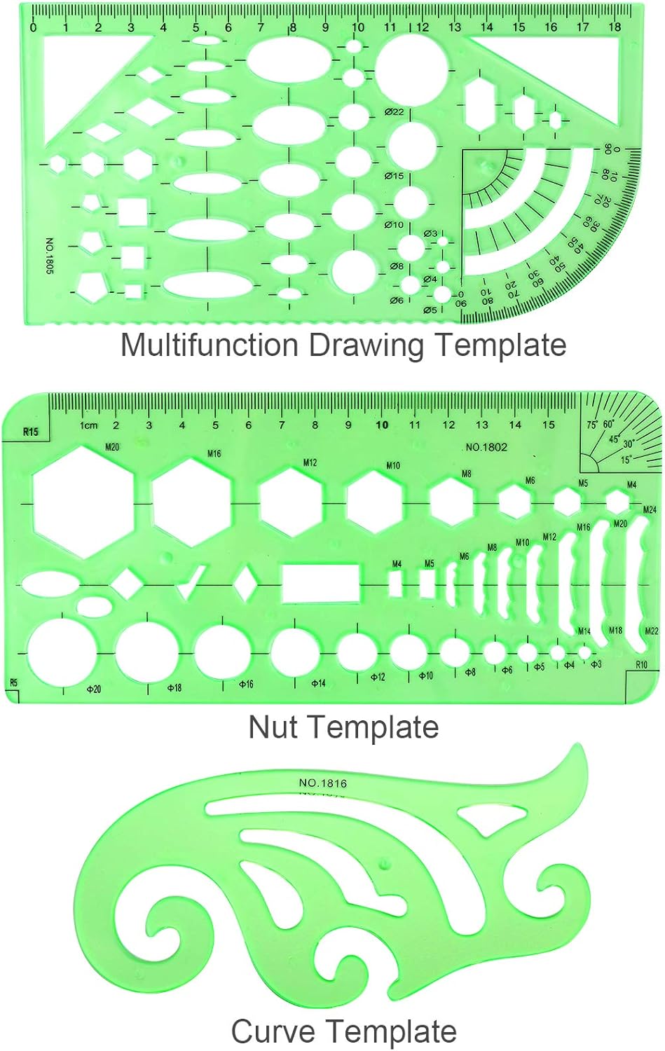 11PCS Geometric Drawings Templates, Drafting Stencils Measuring Tools, BetyBedy Plastic Clear Green Ruler Shapes with a Zipper Bags for Architecture, Office, Studying, Designing and Building