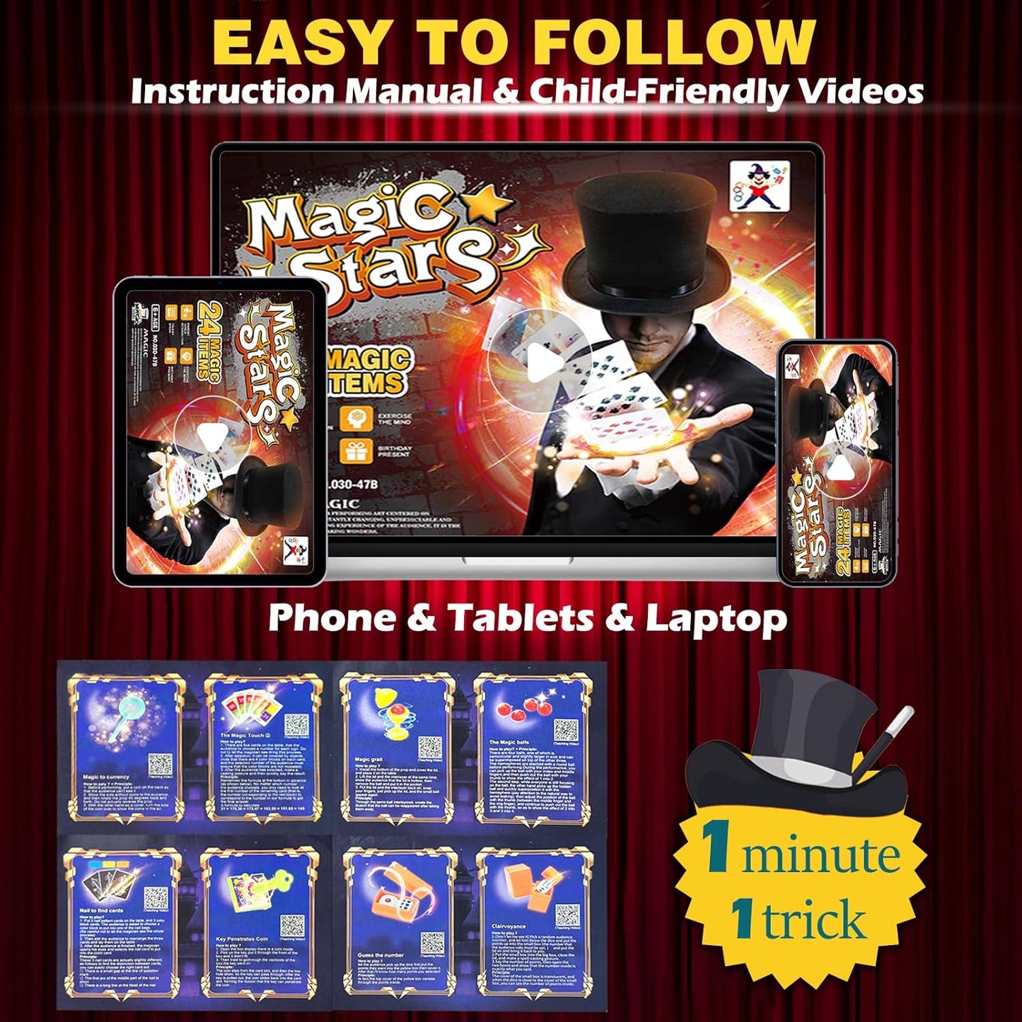 Magic Stars Magic Tricks Set - Magic Kit for Kids Age 6+ Magician Starter Kit with Learning Video Instructions Magic Wand Card for Beginner 6-12 Years Old Boys Girls Christmas Birthday Gift Toy