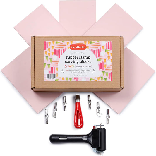 Incraftables Rubber Stamp Kit (5-Pack). Linoleum Block Kit (6pcs). Block Printing Kit (6in x 4in x ¼ in) Light Pink Color. Best Carving DIY Stamp Making Kit for Printmaking