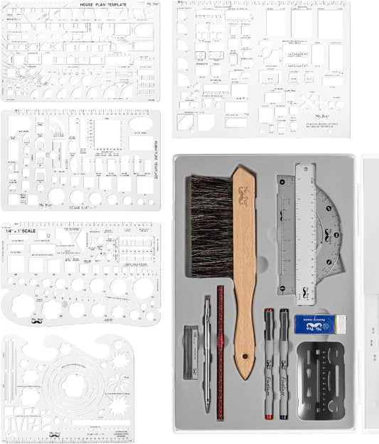 Mr. Pen- Professional Geometry Set, 17 Pcs, Architect Compass and Protractor Set, Interior Design Drafting Tools, Scale Ruler, Drawing Stencils, Metal Ruler