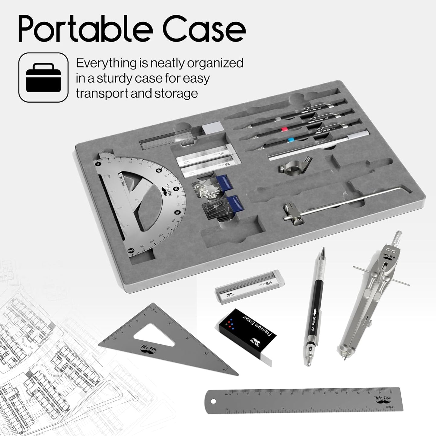 Mr. Pen- Professional Geometry Set, 17 pcs, Silver Geometry Kit for Artists, Metal Rulers and Compasses, Mechanical Pencil Set, Drafting Tools & Drafting kits