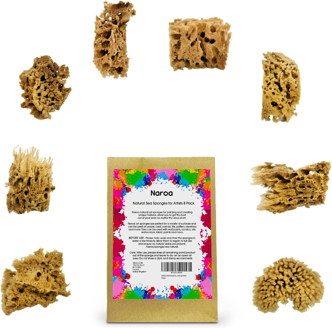 NAROA Artist Natural Sea Sponges for Painting 8 Pack | Unbleached Unique Art Tool Set | Suitable for Acrylic Watercolor, Marbling, Texturing, Pottery, Ceramics