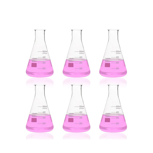 LABVIDA 6pcs of Narrow Mouth Glass Erlenmeyer Flasks, Vol.500ml, 3.3 Borocilicate with Printed Graduation, LVC007