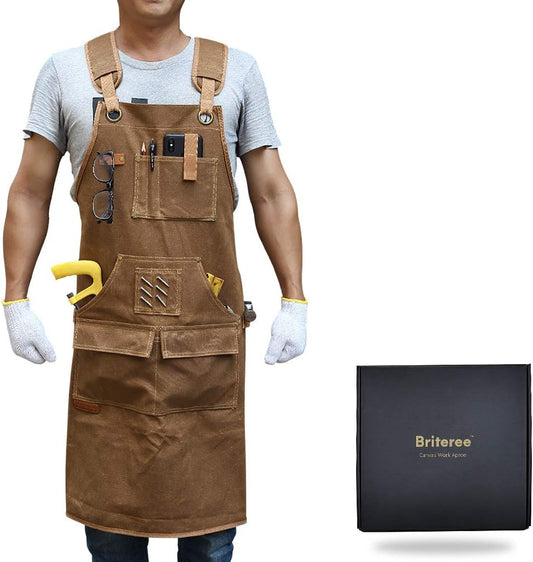 Woodworking Apron for Men, Gifts for Men Dad Father, with 9 Tool Pockets, Durable Waxed Canvas Work Apron for Woodworkers Carpenters Blacksmiths (Brown -Waxed Canvas Apron)