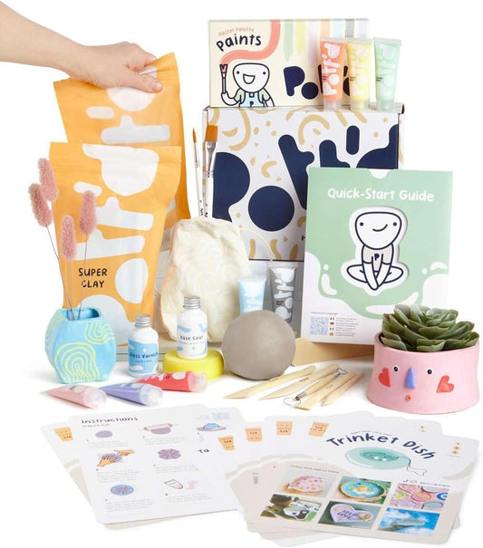 Pott'd Air Dry Clay for Adults. Beginners Home Pottery Kit for Adults. DIY Craft Kit for Adults. Kit Includes: Air-Dry Clay for Adults, Tools, Paints, Brushes, Sealant, How-to-Guides