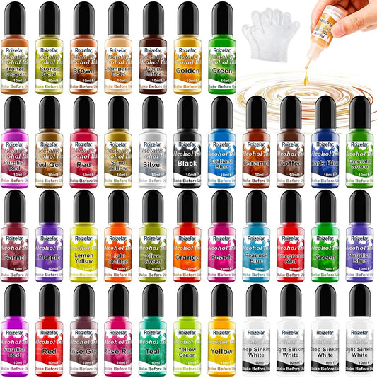 Alcohol Ink Set - 40 Bottles Vivid Colors High Concentration Metallic Alcohol Paint Resin Dye, Safe Fast Drying Effect, Alcohol Ink for Epoxy Resin, Art Painting, Glass, Tumbler Making, 10ml Each
