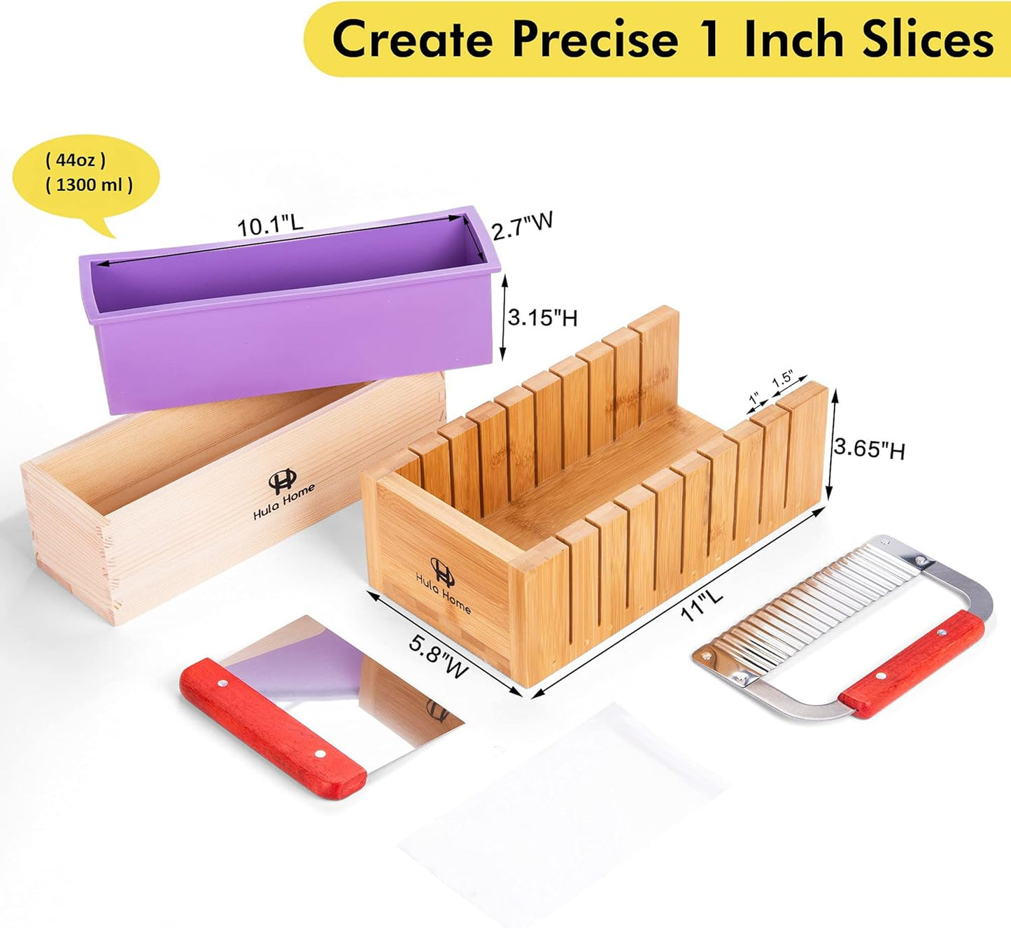 Hula Home Premium Soap Making Kit - 44oz Purple Silicone Mold with Wooden Box, Cutter, Measuring Tools and 100 Bags - Ideal for Adults, Melt and Pour or Cold Process Soap