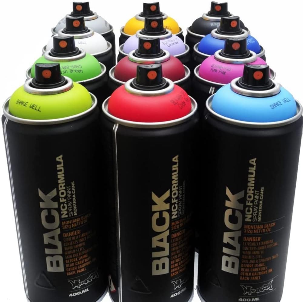 Montana Black 400ml Popular Colors Set of 12 Graffiti Street Art Mural Spray Paint