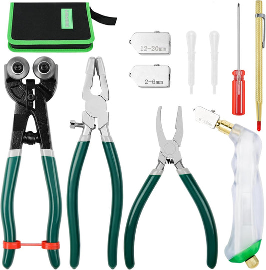 10Pcs Heavy Duty Glass Running Breaking Pliers and Class Cutters Tools Kit, Breaker Grozer Pliers with Curved Jaws,Glass Cutters for Stained Glass, Mosaics, Fusing, Breaking