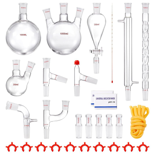 VEVOR New Laboratory Glassware 24/40 Chemistry Glassware 29PCS Chemistry Lab Glassware Kit 250 1000ml for Distillations Separation Purification Synthesis（24/40, 29PCS）